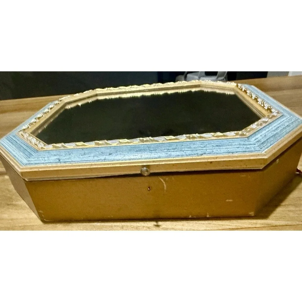 Vintage Italian Gold Mirror Jewelry Box Octagon Wall Cabinet Hidden Key Holder